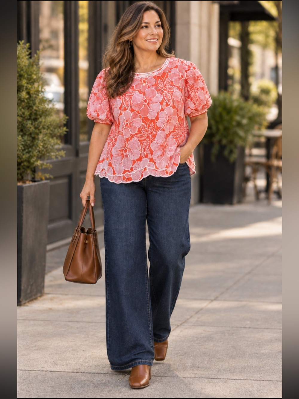 Boho Floral Embroidered Blouse XL Coral Scalloped Puff Sleeve Solitaire